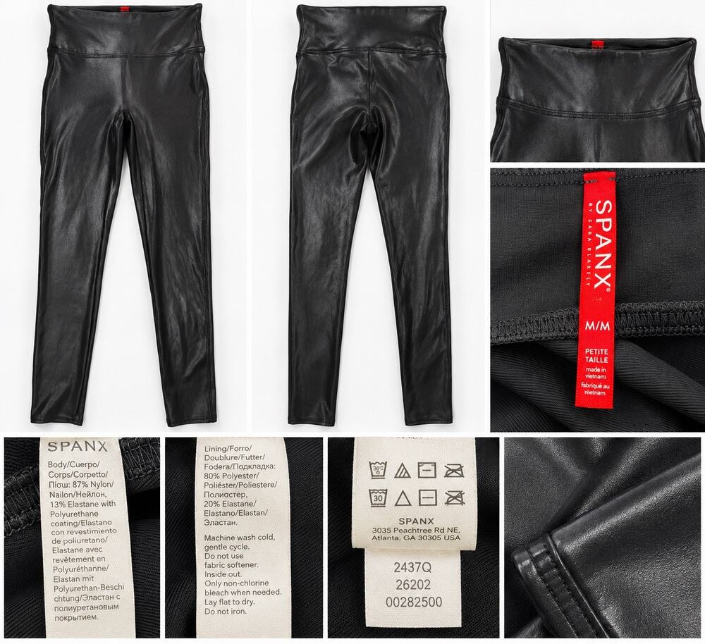 SPANX Faux Leather Leggings Womens M Petite Black High Rise Skinny Pants 2437Q